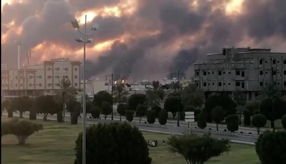 Smoke is seen following a fire at an Aramco factory in Abqaiq, Saudi Arabia, September 14, 2019 in this picture obtained from social media. VIDEOS OBTAINED BY REUTERS/via REUTERS 