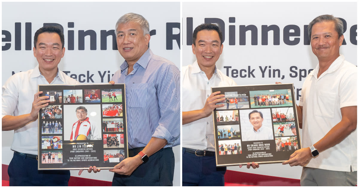 Outgoing SportSG chief executive Lim Teck Yin (left) and deputy chief executive Chiang Hock Woon received tokens of appreciation from MCCY Senior Parliamentary Secretary Eric Chua. (PHOTO: Dyan Tjhia/SportSG)