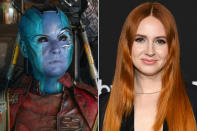 <p><a href="https://people.com/movies/karen-gillan-married-nick-kocher-scotland/" rel="nofollow noopener" target="_blank" data-ylk="slk:Karen Gillan;elm:context_link;itc:0;sec:content-canvas" class="link ">Karen Gillan</a> plays Nebula in the <em>Guardians of the Galaxy</em> films, a blue villain and assassin whose prosthetic makeup was the <a href="https://www.businessinsider.com/guardians-of-the-galaxy-karen-gillan-makeup-2014-8" rel="nofollow noopener" target="_blank" data-ylk="slk:"most complex and interesting";elm:context_link;itc:0;sec:content-canvas" class="link ">"most complex and interesting"</a> to apply, according to White. </p> <p>The makeup artist told Business Insider that it took a little over four hours to apply her make-up and another 30 minutes to remove it.</p> <p>Even more dramatic than that? Gillian shaved off her long red hair to prepare to play the bald character. </p>