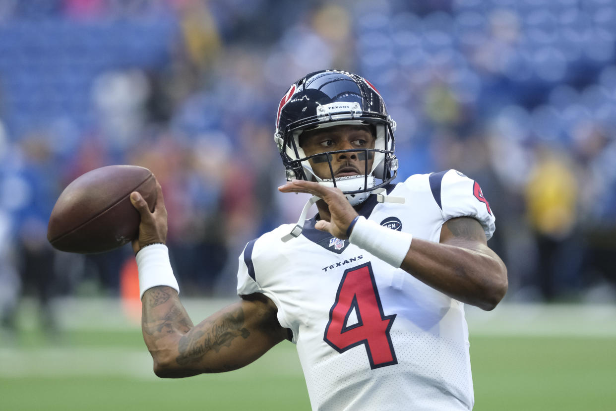 Houston Texans quarterback Deshaun Watson throws before an NFL football game against the Indianapolis Colts, Sunday, Oct. 20, 2019, in Indianapolis. (AP Photo/AJ Mast)
