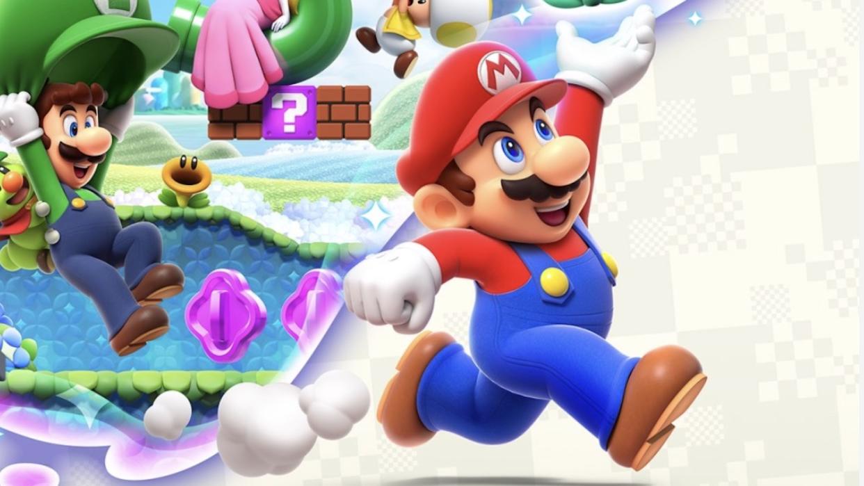  Mario runs and jumps up with his hand outstretched. Luigi can be seen gliding in from the left, using his hat as a glider 