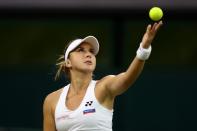 <p>Belinda Bencic of Switzerland serves during the Ladies Singles second round match against Tsvetana Pironkova of Bulgaria on day three of the Wimbledon Lawn Tennis Championships at the All England Lawn Tennis and Croquet Club on June 29, 2016 in London, England. (Photo by Julian Finney/Getty Images)</p>