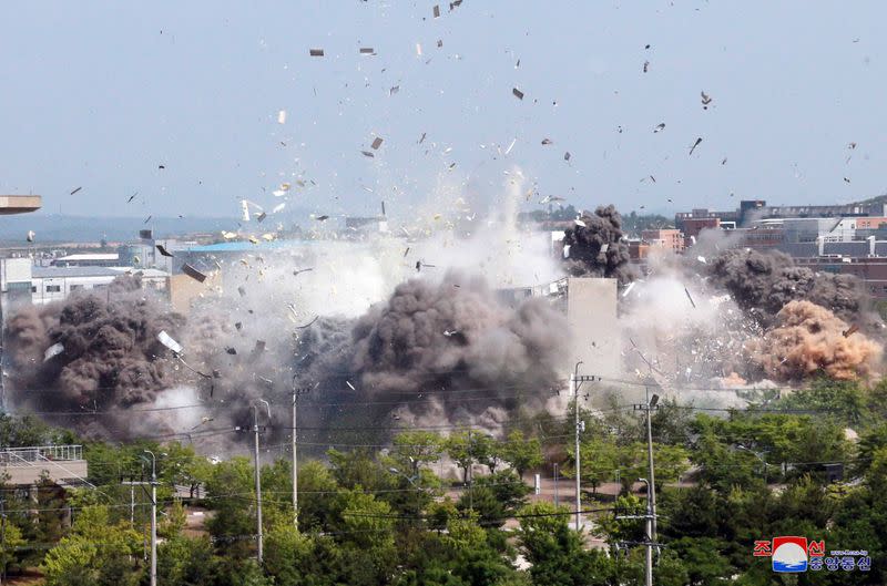 A view of an explosion of a joint liaison office with South Korea in border town Kaesong