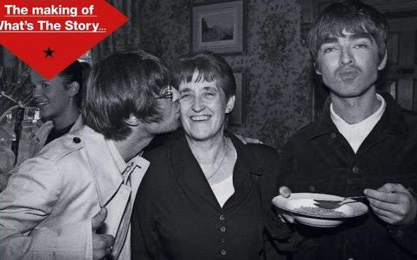 Liam, Noel and Peggy Gallagher at the '(What's The Story) Morning Glory?' album release party in London in 1995