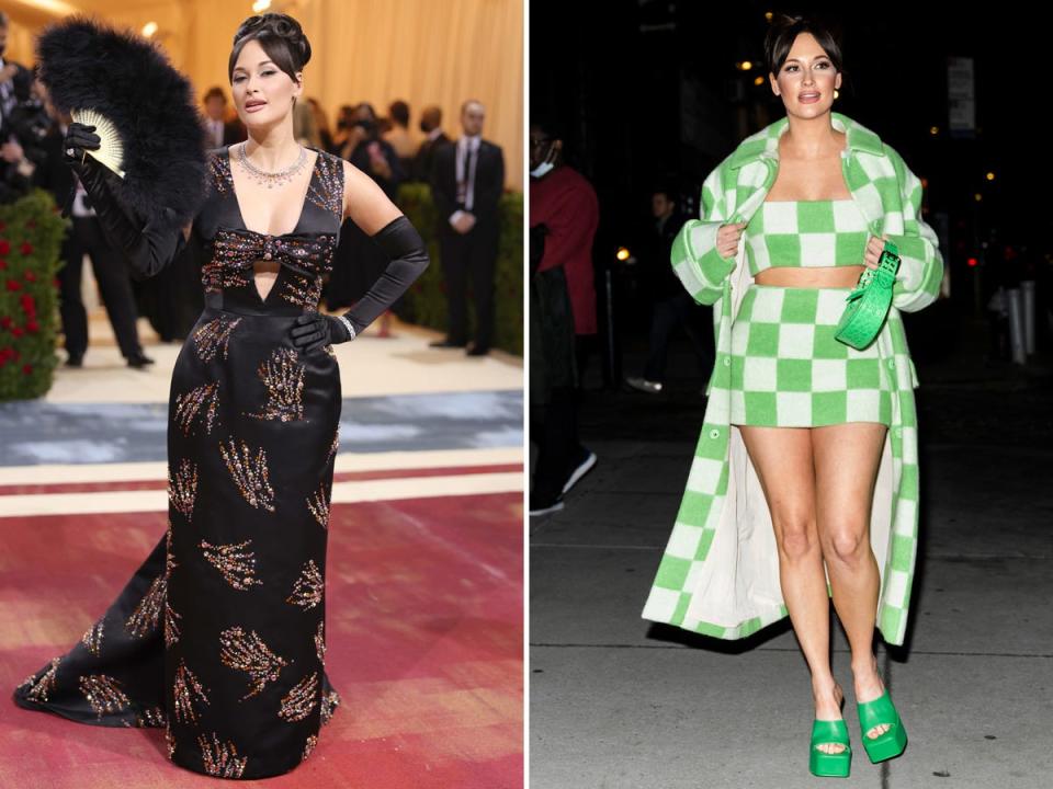 Kacey Musgraves at the 2022 Met Gala (left) and the musician at an after-party (right).