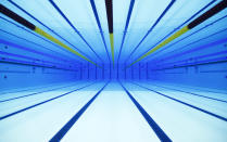 An underwater view is seen of the swimming pool at the Olympic Aquatics Centre in London February 17, 2012. REUTERS/Eddie Keogh