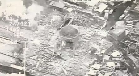 A still image taken from video shows a close up of the the destroyed Grand al-Nuri Mosque of Mosul in Iraq, June 21, 2017. Iraqi Military Handout/via Reuters TV