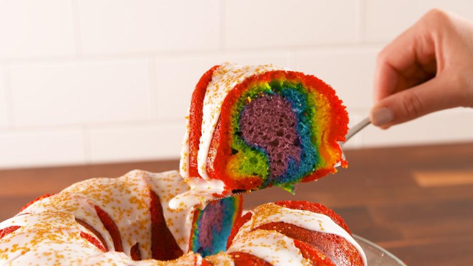 <p>This gorgeous <a href="https://www.delish.com/cooking/recipe-ideas/g2798/rainbow-recipes/" rel="nofollow noopener" target="_blank" data-ylk="slk:rainbow;elm:context_link;itc:0;sec:content-canvas" class="link ">rainbow</a> <a href="https://www.delish.com/cooking/recipe-ideas/a19637463/best-bundt-cake-recipe/" rel="nofollow noopener" target="_blank" data-ylk="slk:Bundt cake;elm:context_link;itc:0;sec:content-canvas" class="link ">Bundt cake</a> recipe is surprisingly simple to make. Serve it as is, or add vanilla icing and gold sprinkles to remind you there's always a pot of gold at the end of the rainbow!</p><p>Get the <strong><a href="https://www.delish.com/cooking/recipe-ideas/recipes/a58144/rainbow-bundt-cake-recipe/" rel="nofollow noopener" target="_blank" data-ylk="slk:Rainbow Bundt Cake recipe;elm:context_link;itc:0;sec:content-canvas" class="link ">Rainbow Bundt Cake recipe</a></strong>.</p>