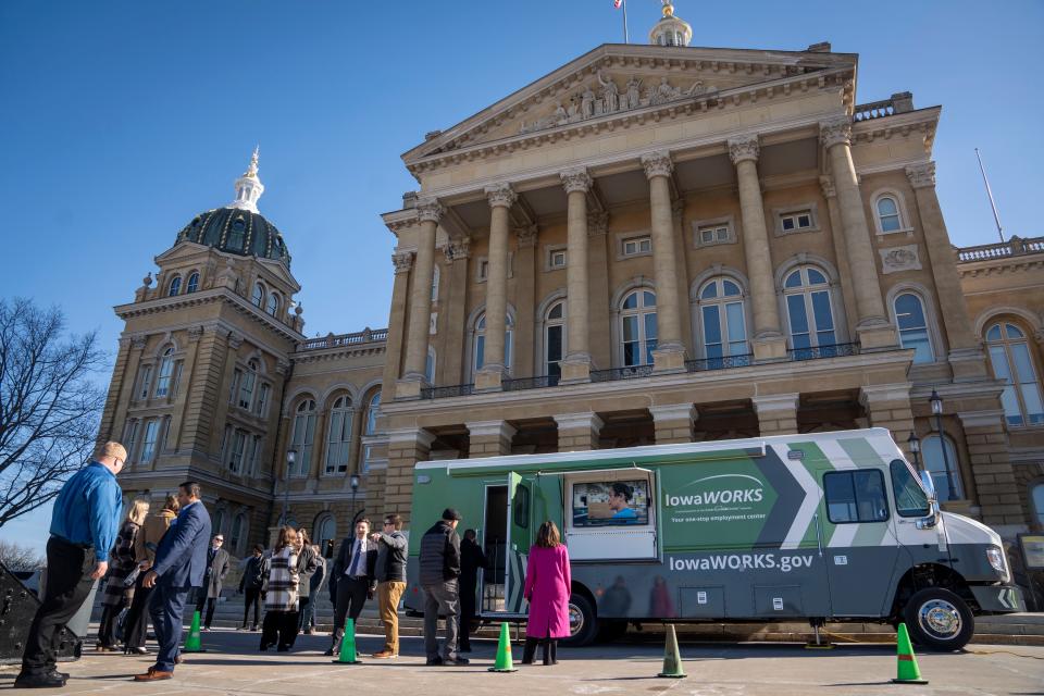 Iowa Workforce Development launches Iowa's first mobile workforce center outside of the Iowa State Capitol building, Thursday, Feb. 29, 2024.