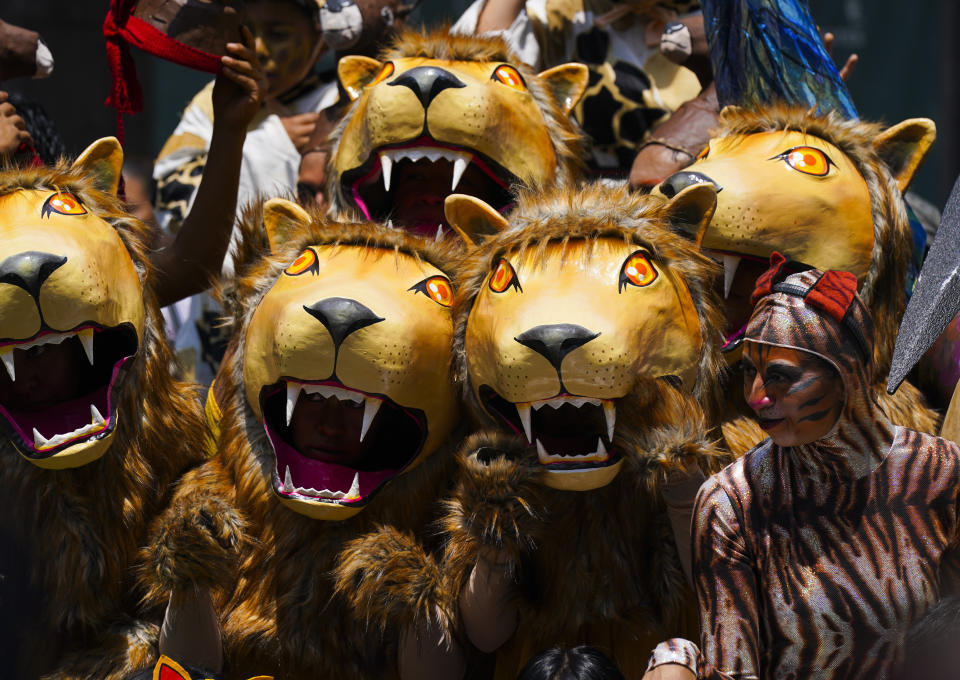 Actores vestidos de leones posan para las fotos con visitantes durante un desfile por el centenario del zoológico de Chapultepec, en Ciudad de México, el jueves 6 de julio de 2023. Los organizadores del zoológico invitaron a los visitantes a ir vestidos de su animal favorito. (AP Foto/Fernando Llano)