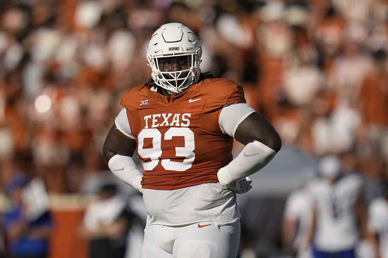 Texas defensive lineman T'Vondre Sweat (93) during the second half of an NCAA college football game against Kansas in Austin, Texas, Saturday, Sept. 30, 2023. (AP Photo/Eric Gay)