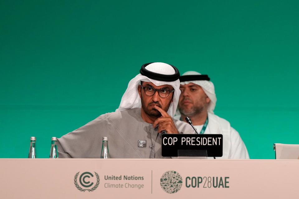 Cop28 president Sultan al-Jaber listens to speakers during a plenary session at the Cop28 UN Climate Summit, Wednesday, 13 December 2023, in Dubai, United Arab Emirates (AP)