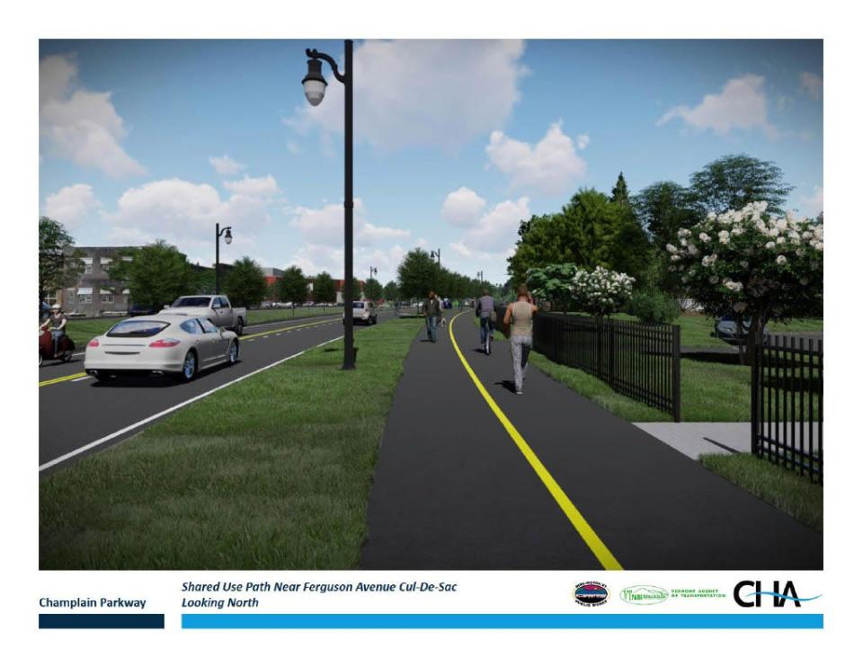 A mock-up of the future Champlain Parkway and shared-use path near where Ferguson Avenue will dead-end in a cul-de-sac. This section of the parkway is projected to be completed by the end of 2023.