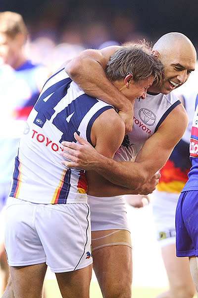 James Podsiadly and Matt Crouch celebrate Adelaide's third win in a row.