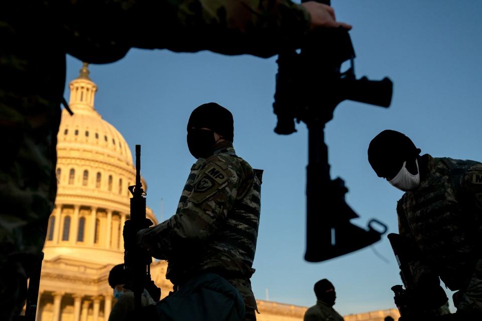 <p>Weapons are distributed to members of the National Guard outside the U.S. Capitol on January 13, 2021 in Washington, DC.</p>