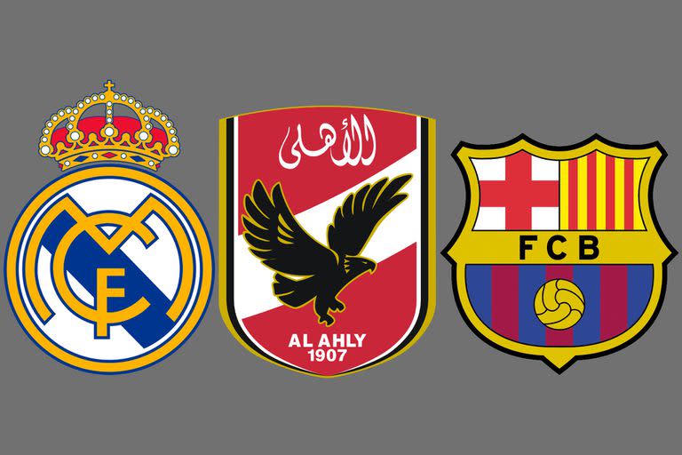 Los escudos de Real Madrid, Al-Ahly (Egipto) y Barcelona. Los tres están en el podio de campeones internacionales
