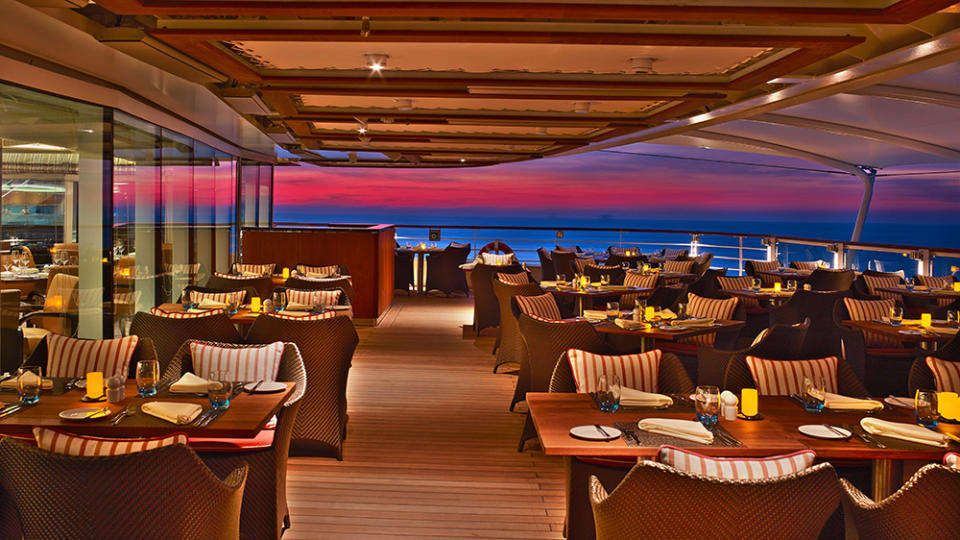 The Colonnade restaurant, located aft, offers stunning views of the open water.