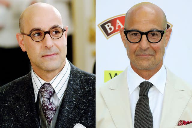 <p>Barry Wetcher/20th Century Fox/Kobal/Shutterstock; David M. Benett/Hoda Davaine/Dave Benett/Getty </p> Stanley Tucci as Nigel Kipling in 2006's 'The Devil Wears Prada' and in June 2023