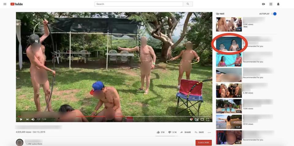 Searching YouTube for clips featuring adult nudity quickly led down a rabbit hole of algorithmically recommended videos showing partially clothed children. (Photo: YouTube)