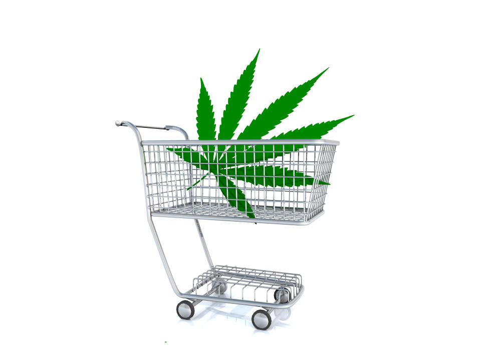 Giant cannabis leaf in a shopping cart