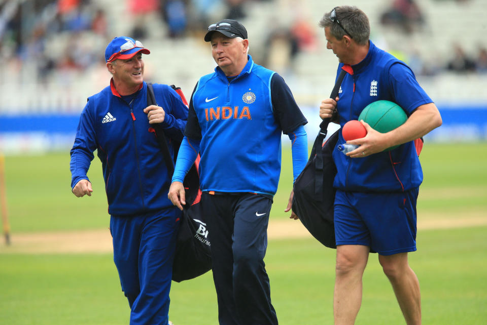 India's coach Duncan Fletcher walks off with England coaches Graham Thorpe and Ashley Giles during the ICC Champions Trophy Final at Edgbaston, Birmingham.