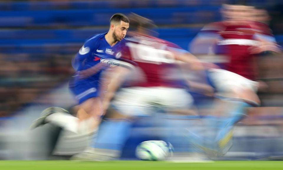 Eden Hazard charges between West Ham defenders before firing home to score the first of his two goals in Chelsea’s 2-0 win at Stamford Bridge.