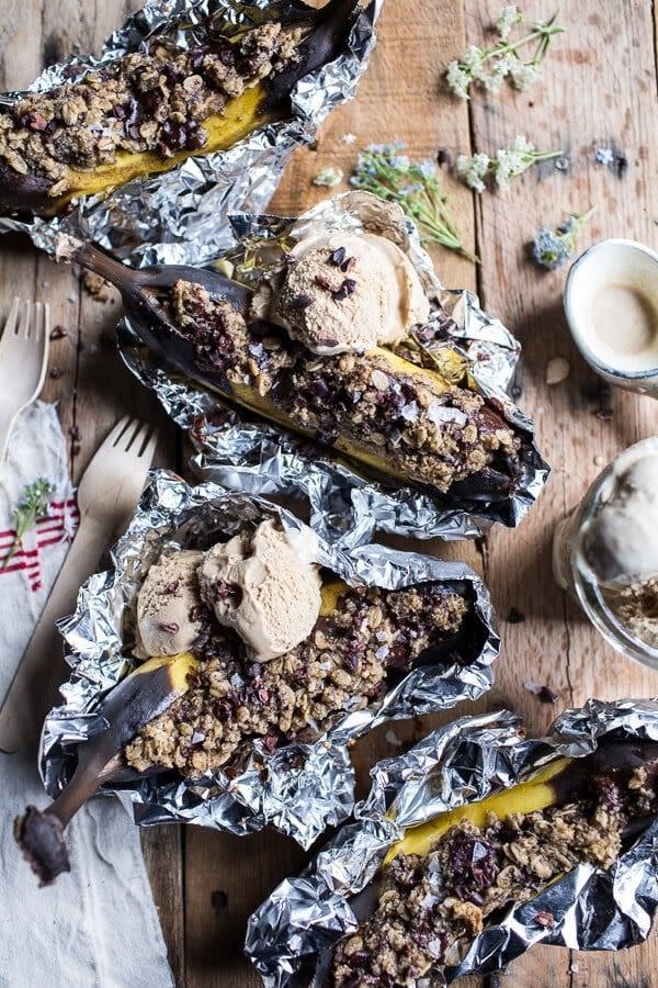 campfire desserts oatmeal chocolate chunk cookie stuffed bananas