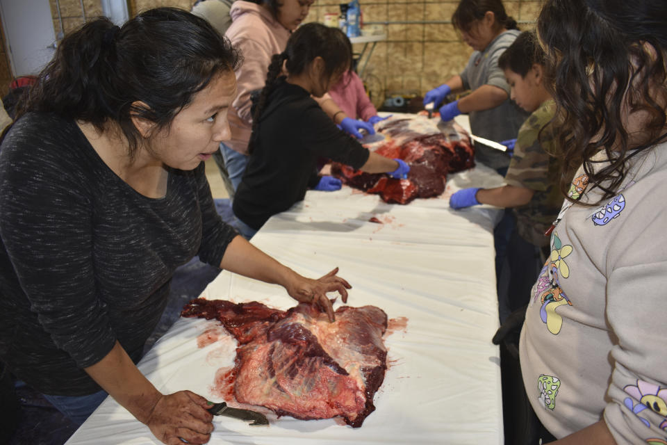 Margaret O’Connor describes how to trim fat from a piece of bison that was shot and butchered at the Wolakota Buffalo Range on the Rosebud Indian Reservation, Oct. 14, 2022, near Spring Creek, S.D. (AP Photo/Matthew Brown)