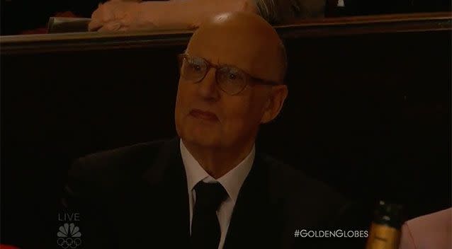 Jeffrey Tambor hears his name mentioned and awaits Ricky Gervais' onslaught. Photo: Youtube/ NBC