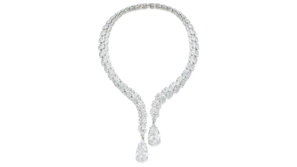  A Diamond Necklace, featuring a pair of pear-shaped diamonds weighing 28.45 and 28.21 carats, suspended from two rows of similarly cut diamonds weighing a total of 120.20 carats