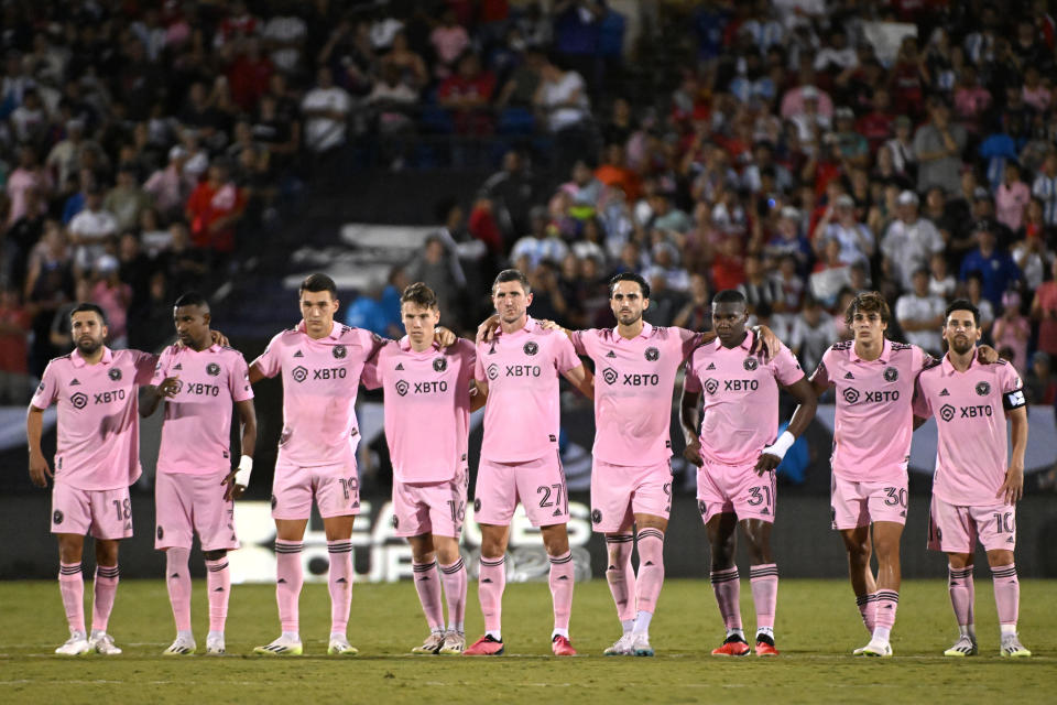 FRISCO, TEXAS - AUGUST 06: Major League Soccer's Lionel Messi #10 of Inter Miami CF stands with teammates during penalty kicks during the Leagues Cup 2023 Round of 16 match between Inter Miami CF and FC Dallas at Toyota Stadium on August 06, 2023 in Frisco, Texas. (Photo by Logan Riely/Getty Images)