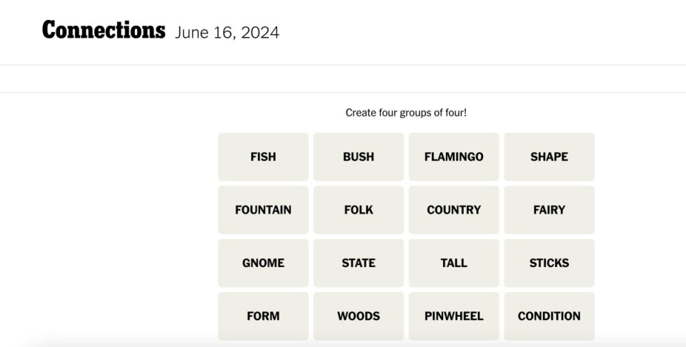 <em>Today's NYT Connections puzzle for Sunday, June 16,</em><em> 2024</em><p>New York Times</p>