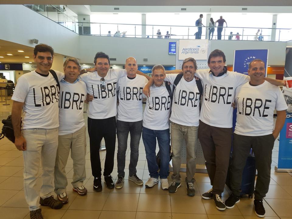 <p>This Saturday, Oct. 28, 2017 photo provided by Cecilia Piedrabuena shows from left to right; Hernan Ferruchi, Alejandro Pagnucco, Ariel Erlij, Ivan Brajckovic, Juan Pablo Trevisan, Hernan Mendoza, Diego Angelini and Ariel Benvenuto, gather for a group photo before their trip to New York City, at the airport in Rosario, in the province of Santa Fe, Argentina. Mendoza, Angelini, Pagnucco, Erlij and Ferruchi were killed in the bike path attack near the World Trade Center. They were part of a group of friends celebrating the 30th anniversary of their high school graduation with a trip to New York City. (Photo: Cecilia Piedrabuena via AP) </p>