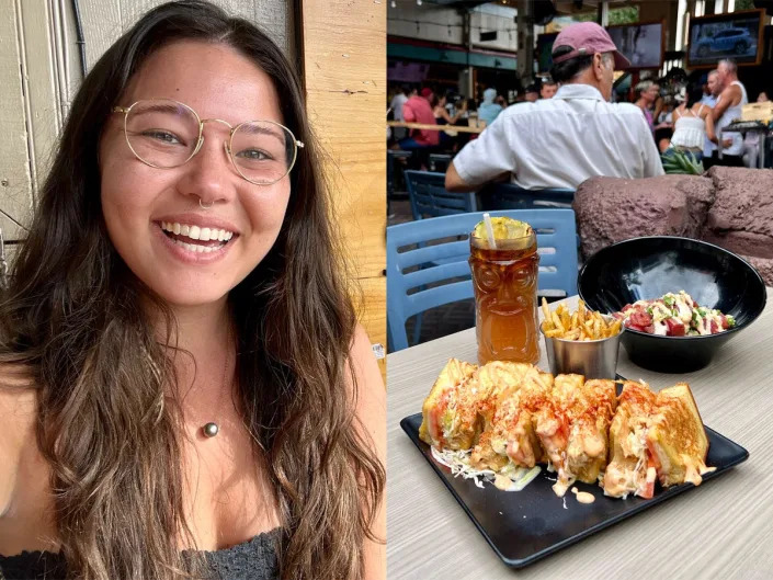 Ashley Probst selfie (left), meal from down the hatch (right)