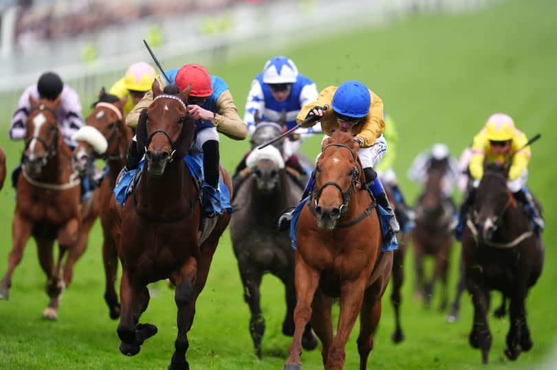Two Tempting, ridden by David Egan (blue hat yellow silks, right), beats Beshtani, ridden by James Doyle, on the way to winning the Trustatrader Handicap on day one of the Betfred Derby Festival at Epsom Downs Racecourse on Friday, May 31 2024