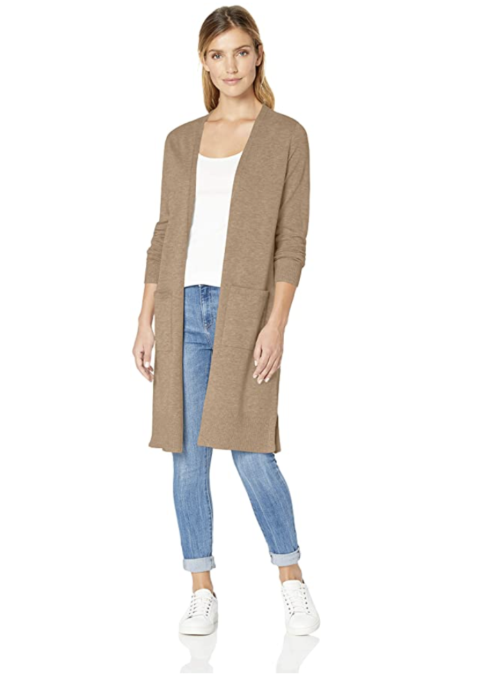 blonde model wearing Amazon Essentials Women's Lightweight Longer Length Cardigan in Camel Heather and jeans