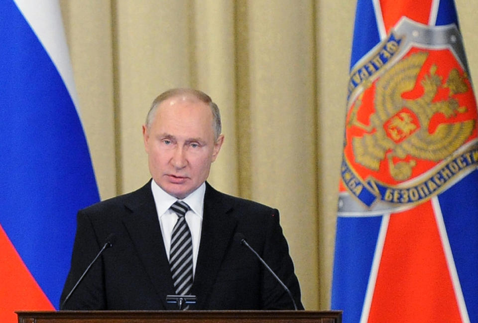 Russian President Vladimir Putin speaks during a meeting of the Federal Security Service (FSB) board in Moscow, Russia, on Wednesday, Feb. 24, 2021. (Alexei Druzhinin, Sputnik, Kremlin Pool Photo via AP)