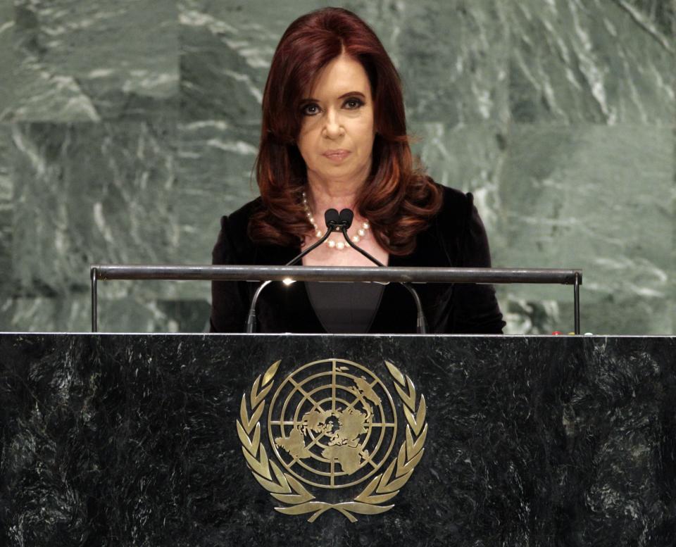 Argentina's President Cristina Fernandez addresses the 67th session of the United Nations General Assembly at U.N. headquarters Tuesday, Sept. 25, 2012. (AP Photo/Frank Franklin II)