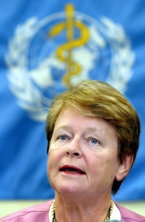 Director General of the World Health Organisation (WHO) Dr Gro Harlem Brundtland addresses a news conference after a meeting with European Health And Consumer Protection Commissioner David Byrne (unseen) in Brussels, Belgium, May 6, 2003. REUTERS/Thierry Roge/File Photo