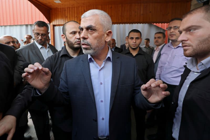 FILE PHOTO: Gaza's Hamas Chief Al-Sinwar talks to media before meeting with Chairman of the Palestinian Central Election Committee Naser in Gaza City