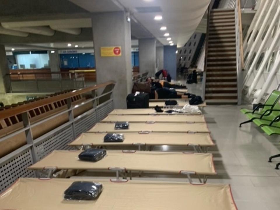 Night view: Camp beds at the airport at Guadeloupe after an Air France jet ‘went tech' (Laura, a passenger)