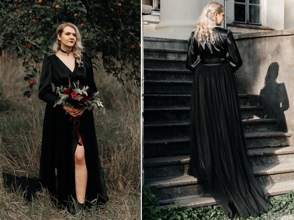 A front and back photo of a bride wearing a long-sleeve, black wedding dress.