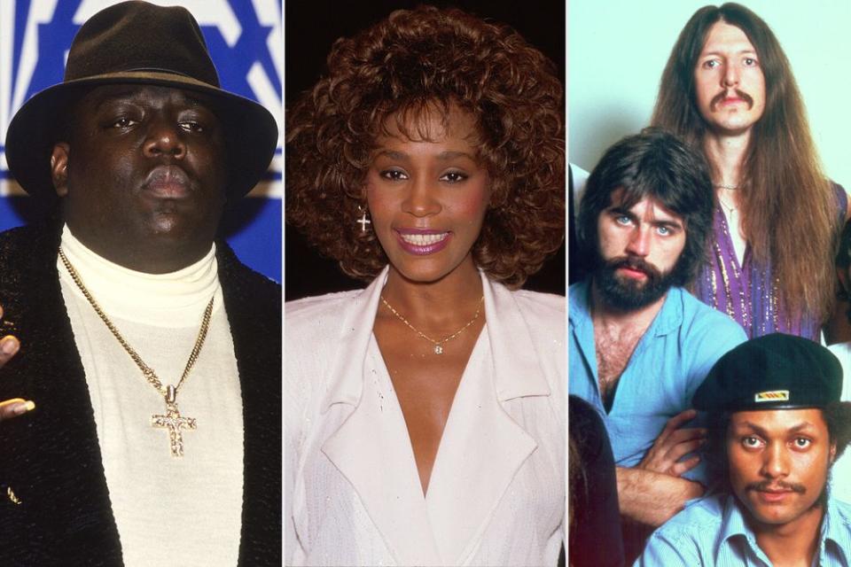 Notorious BIG, Whitney Houston, Doobie Brothers | Larry Busacca/WireImage; Time Life Pictures/DMI/The LIFE Picture Collection via Getty; Michael Ochs Archives/Getty