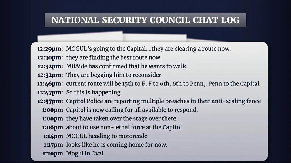 FILE - This exhibit from video released by the House Select Committee, shows a national security council chat log, displayed at a hearing by the House select committee investigating the Jan. 6 attack on the U.S. Capitol, Tuesday, June 28, 2022, on Capitol Hill in Washington. (House Select Committee via AP, File)