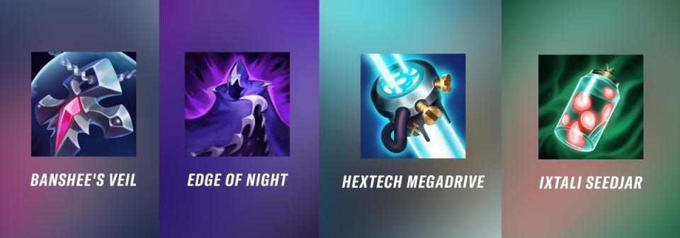 Four new items are coming to League of Legends: Wild Rift in patch 2.6: the Banshee's Veil, Edge of Night, Hextech Megadrive, and Ixtali Seedjar. (Photos: Riot Games)