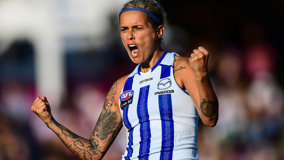 Moana Hope, pictured here in a game for North Melbourne in 2019. (Photo by Daniel Carson/AFL Media)