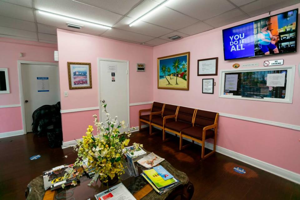 An inside view of the reception area of A Hialeah Woman’s Care Center. The operator, who took over the business from her mother, says she plans to stay in business as long as Florida law allows. That is an uncertain prospect. The waiting room was briefly emptied at the time of the photo out of respect for patient privacy.