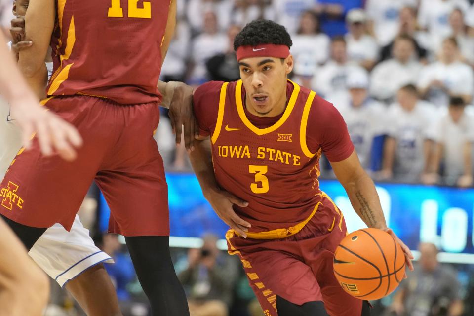 Iowa State guard Tamin Lipsey drives to the basket during the first half of Tuesday's loss at BYU. Lipsey was injured in the late stages of that game and his availability for Saturday's game at TCU is uncertain.