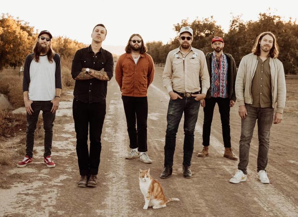 North Carolina band American Aquarium, playing this weekend at Manchester Music Hall, consists of, from left, Ryan Van Fleet, BJ Barham, Shane Boeker, Neil Jones, Alden Hedges and Rhett Huffman.