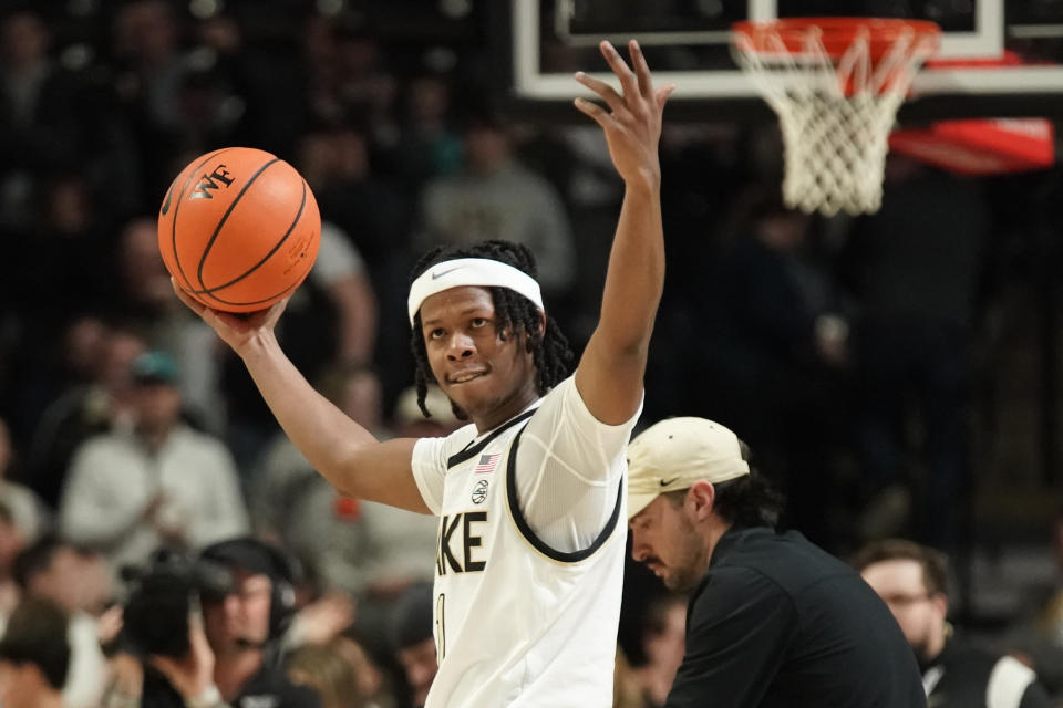 FILE - Wake Forest guard Tyree Appleby (1) celebrates after Wake Forest's win against Clemson in an NCAA college basketball game in Winston-Salem, N.C., Tuesday, Jan. 17, 2023. Appleby was selected as The Associated Press men's basketball player of the year in the Atlantic Coast Conference, in voting released Tuesday, March 7, 2023. (AP Photo/Chuck Burton, File)